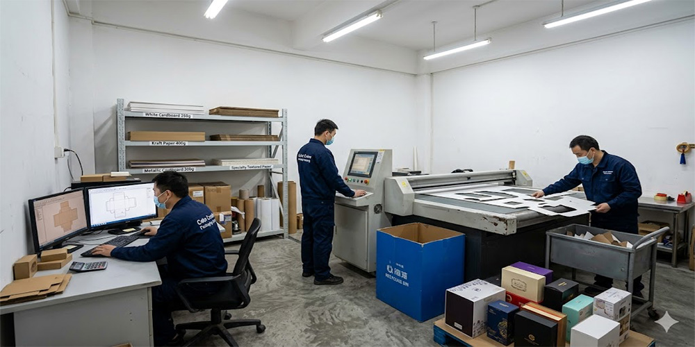 Three workers in Color Creative Packaging uniforms in sample room: two operating cutting table, one designing die-cut on computer, with paper rack shelves visible
