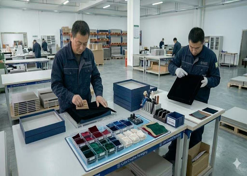Fabric wrapping at Color Creative Packaging – velvet or silk lining inside rigid box lid for premium unboxing experience