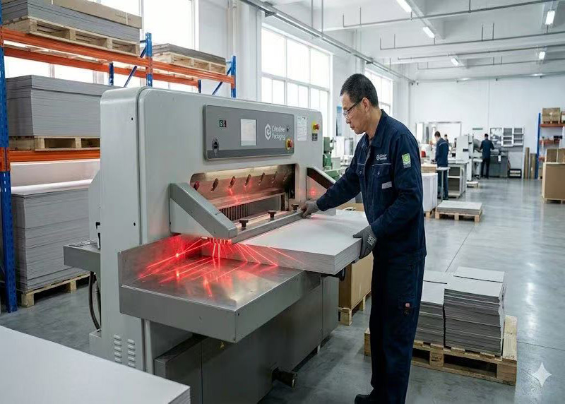 Greyboard cutting at Color Creative Packaging handmade box workshop, operator cutting sheets to precise dimensions for rigid box components