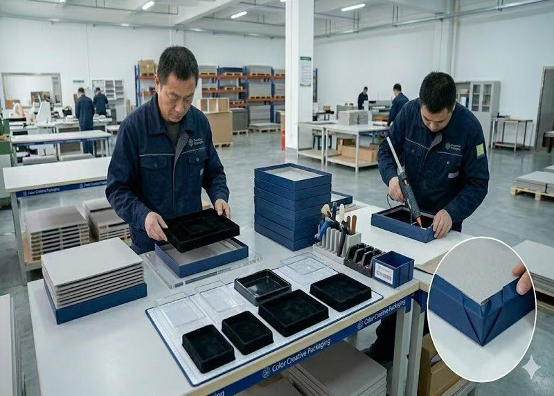 Inner tray fitting and gluing at Color Creative Packaging – securing tray inside rigid box for product display