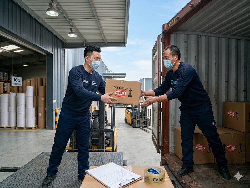 Forklift driver in Color Creative Packaging uniform loading pallet of finished cartons into container truck at shipping dock