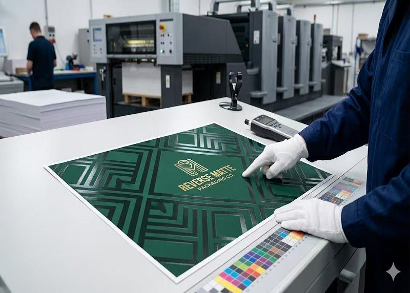 Step 2: Cover paper printing and surface treatment at Color Creative Packaging – reverse matte and foil stamping on handmade box face paper