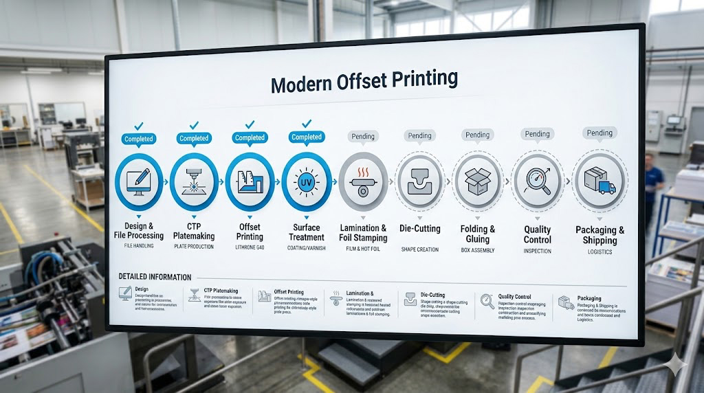 End-to-end packaging production process: CTP plate making, Heidelberg offset printing, surface treatment, die-cutting, gluing, handmade assembly, quality inspection, and shipping