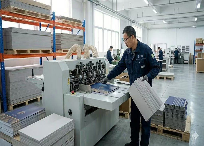Step 3: Cover paper V-grooving at Color Creative Packaging – precise groove lines for sharp folding on rigid boxes