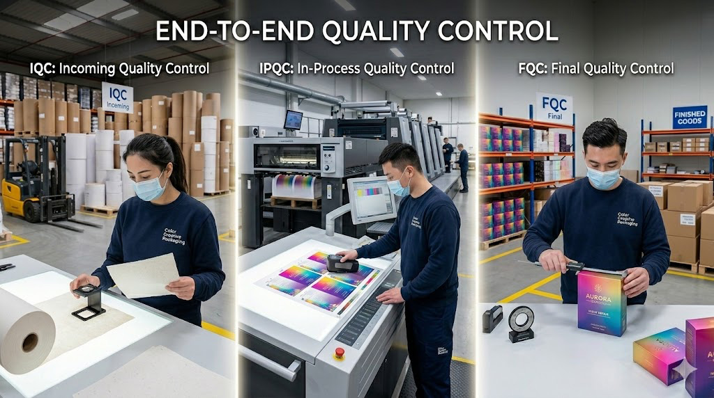 End-to-end quality control flow chart at Color Creative Packaging: Incoming Quality Control (IQC) for raw materials, In-Process Quality Control (IPQC) during printing and post-press, Outgoing Quality Control (OQC) before shipping