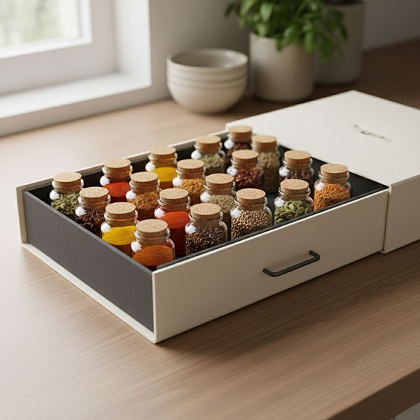 Complete farming spice drawer box with glass jars and bamboo lids – farmhouse kitchen organizer
