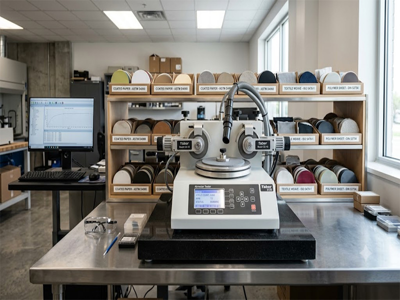 abrasion resistance tester – Taber type rotary abrasion tester with two abrasive wheels and vacuum system on white backgroundabrasion resistance tester – Taber type rotary abrasion tester with two abrasive wheels and vacuum system on white background