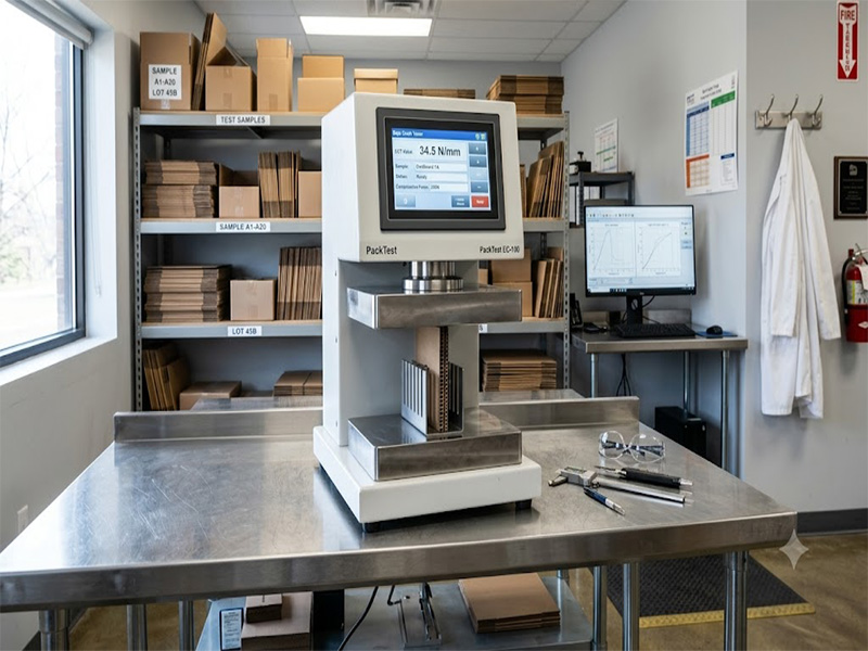 edge crush tester ECT – digital compression tester with two parallel plates and control panel on white background