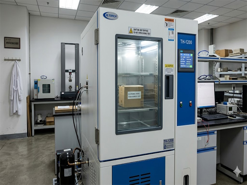 temperature and humidity chamber – programmable climatic test chamber with tempered glass viewing window and digital touchscreen controller on white background