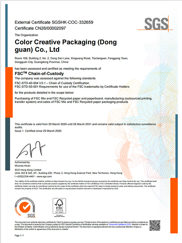 FSC Chain of Custody certificate – certification document showing company name, license code FSC C000000, issue date and expiry date, issued by accredited certification body